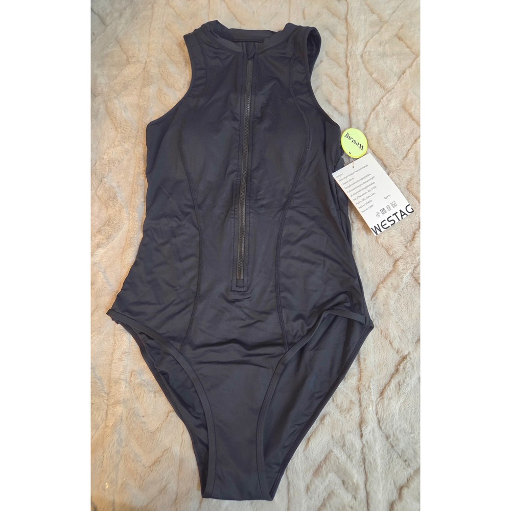 Westag W994M Womens Black Front Zip One Piece Swimsuit Athletic Swimwear Large